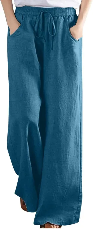 Lastesso Linen Pants Women Plus Size Elastic Waistband Straight Palazzo Flowy Trousers Comfy Summer Cotton Hawaiian Outfits
