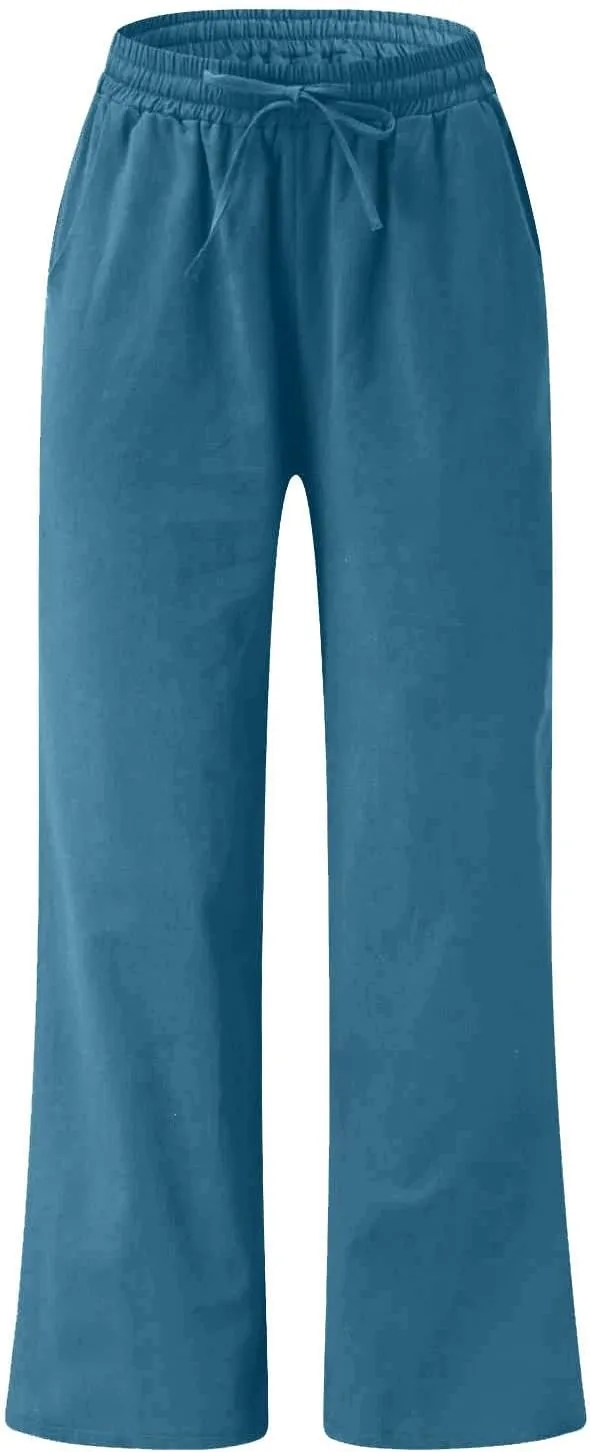Lastesso Linen Pants Women Plus Size Elastic Waistband Straight Palazzo Flowy Trousers Comfy Summer Cotton Hawaiian Outfits