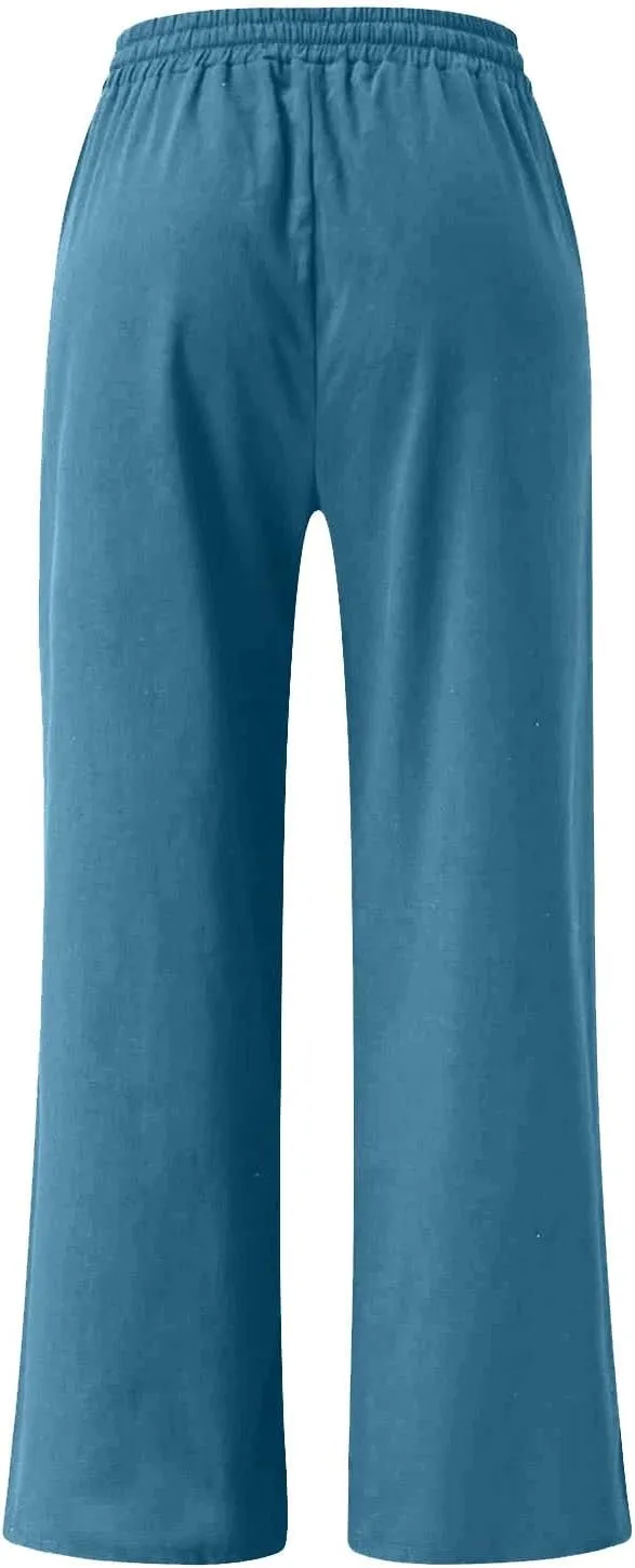 Lastesso Linen Pants Women Plus Size Elastic Waistband Straight Palazzo Flowy Trousers Comfy Summer Cotton Hawaiian Outfits