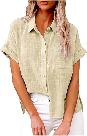 Lastesso Linen Shirts for Women Button Up Cotton Short Sleeve Blouses Casual Collared Loose Shirt Soft Summer Beach Tops