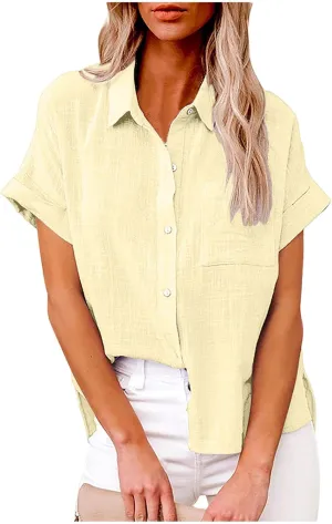Lastesso Linen Shirts for Women Button Up Cotton Short Sleeve Blouses Casual Collared Loose Shirt Soft Summer Beach Tops