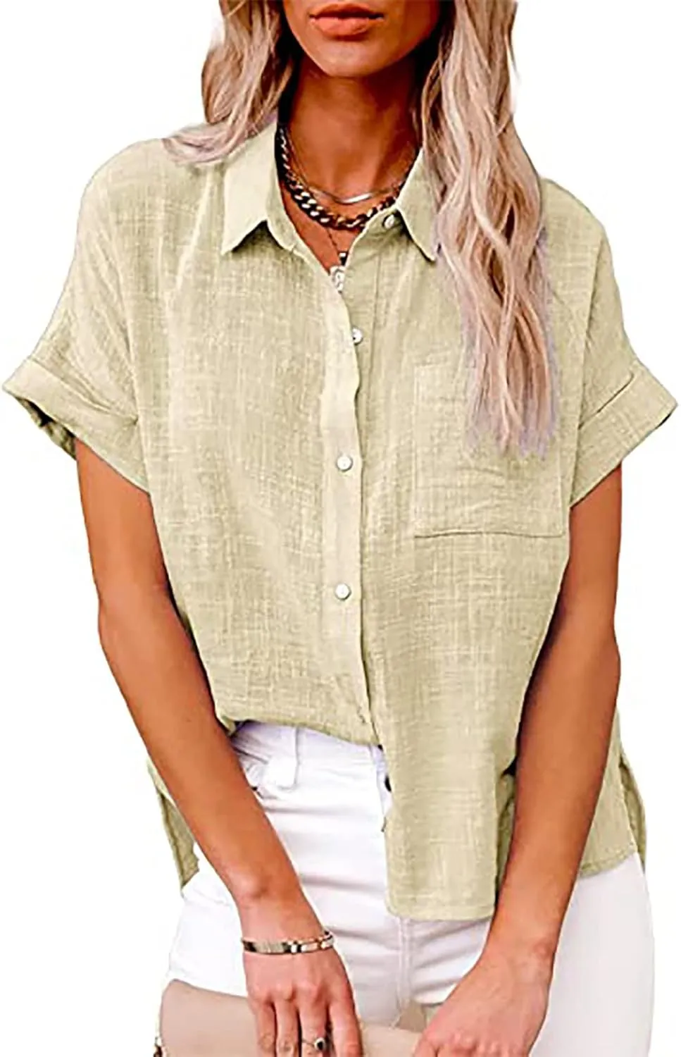 Lastesso Linen Shirts for Women Button Up Cotton Short Sleeve Blouses Casual Collared Loose Shirt Soft Summer Beach Tops