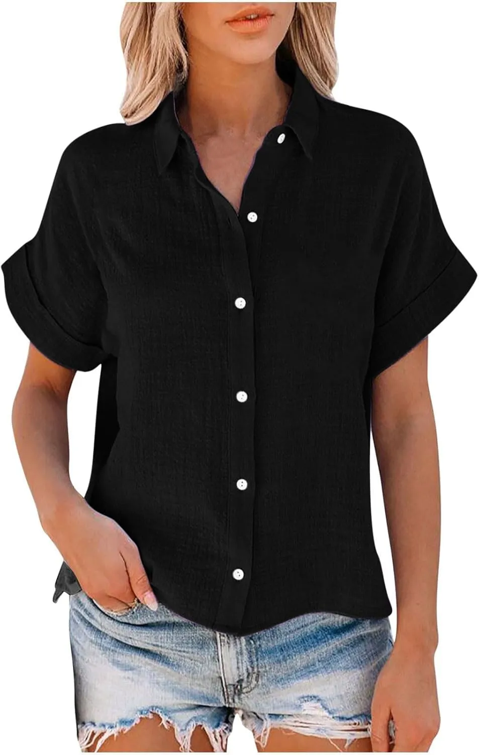 Lastesso Linen Shirts for Women Button Up Cotton Short Sleeve Blouses Casual Collared Loose Shirt Soft Summer Beach Tops