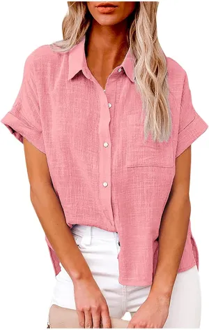 Lastesso Linen Shirts for Women Button Up Cotton Short Sleeve Blouses Casual Collared Loose Shirt Soft Summer Beach Tops