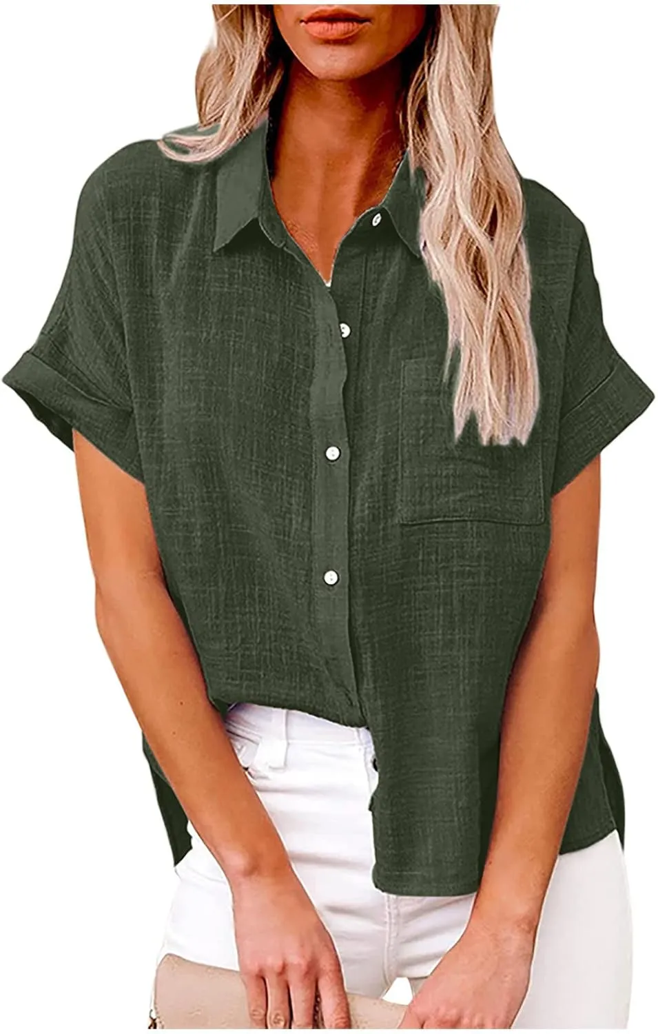 Lastesso Linen Shirts for Women Button Up Cotton Short Sleeve Blouses Casual Collared Loose Shirt Soft Summer Beach Tops