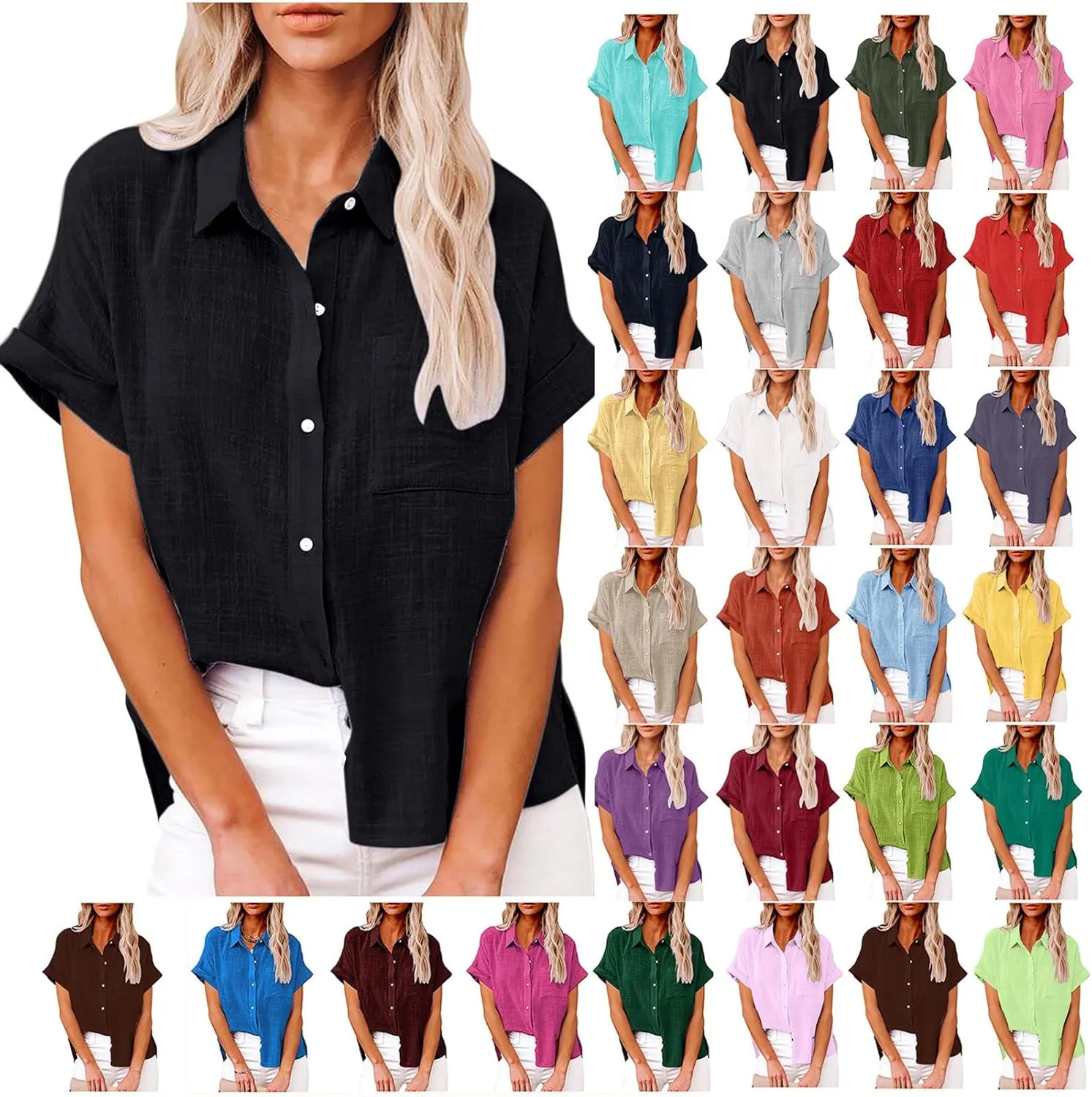 Lastesso Linen Shirts for Women Button Up Cotton Short Sleeve Blouses Casual Collared Loose Shirt Soft Summer Beach Tops