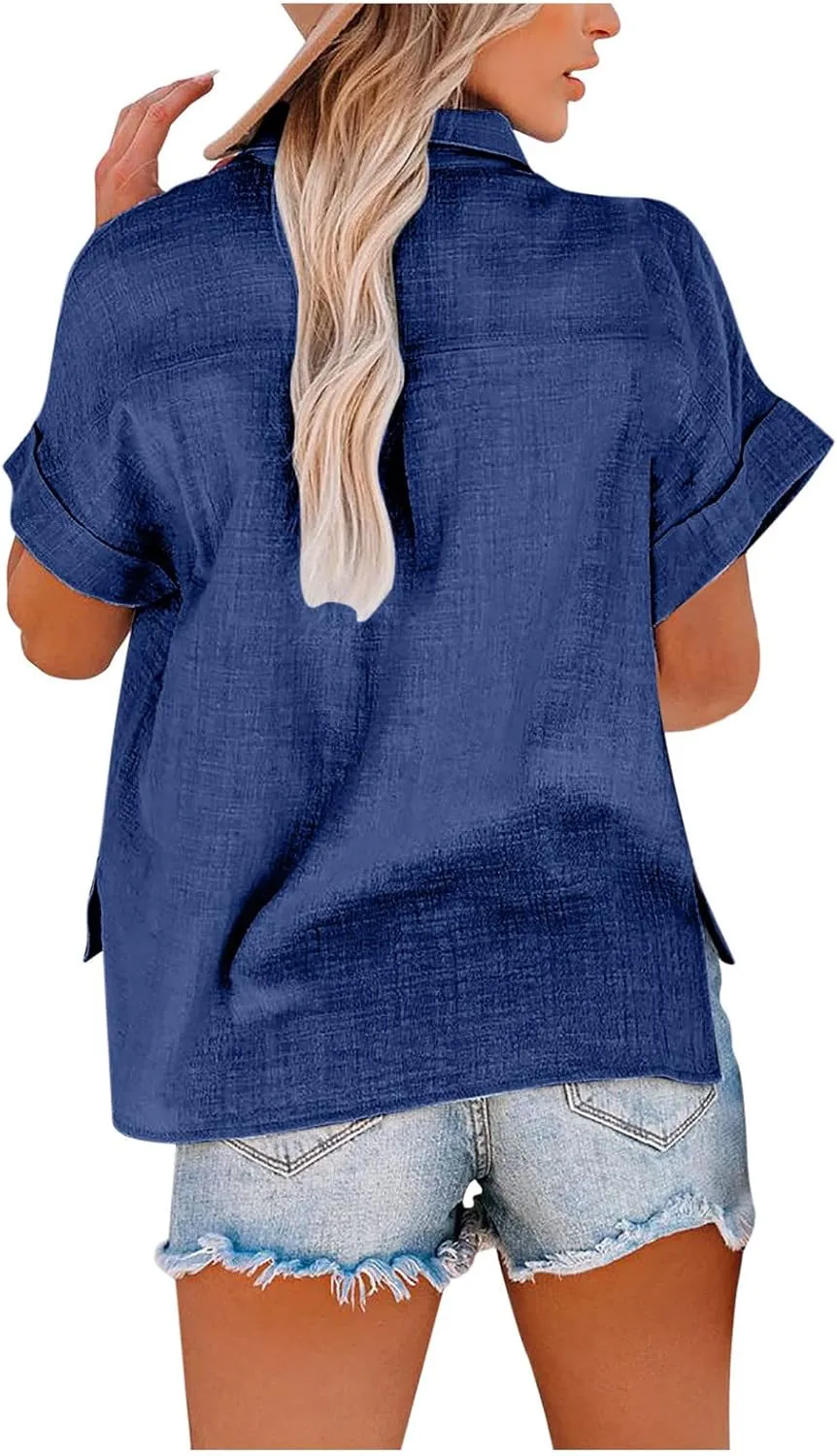 Lastesso Linen Shirts for Women Button Up Cotton Short Sleeve Blouses Casual Collared Loose Shirt Soft Summer Beach Tops