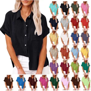 Lastesso Linen Shirts for Women Button Up Cotton Short Sleeve Blouses Casual Collared Loose Shirt Soft Summer Beach Tops