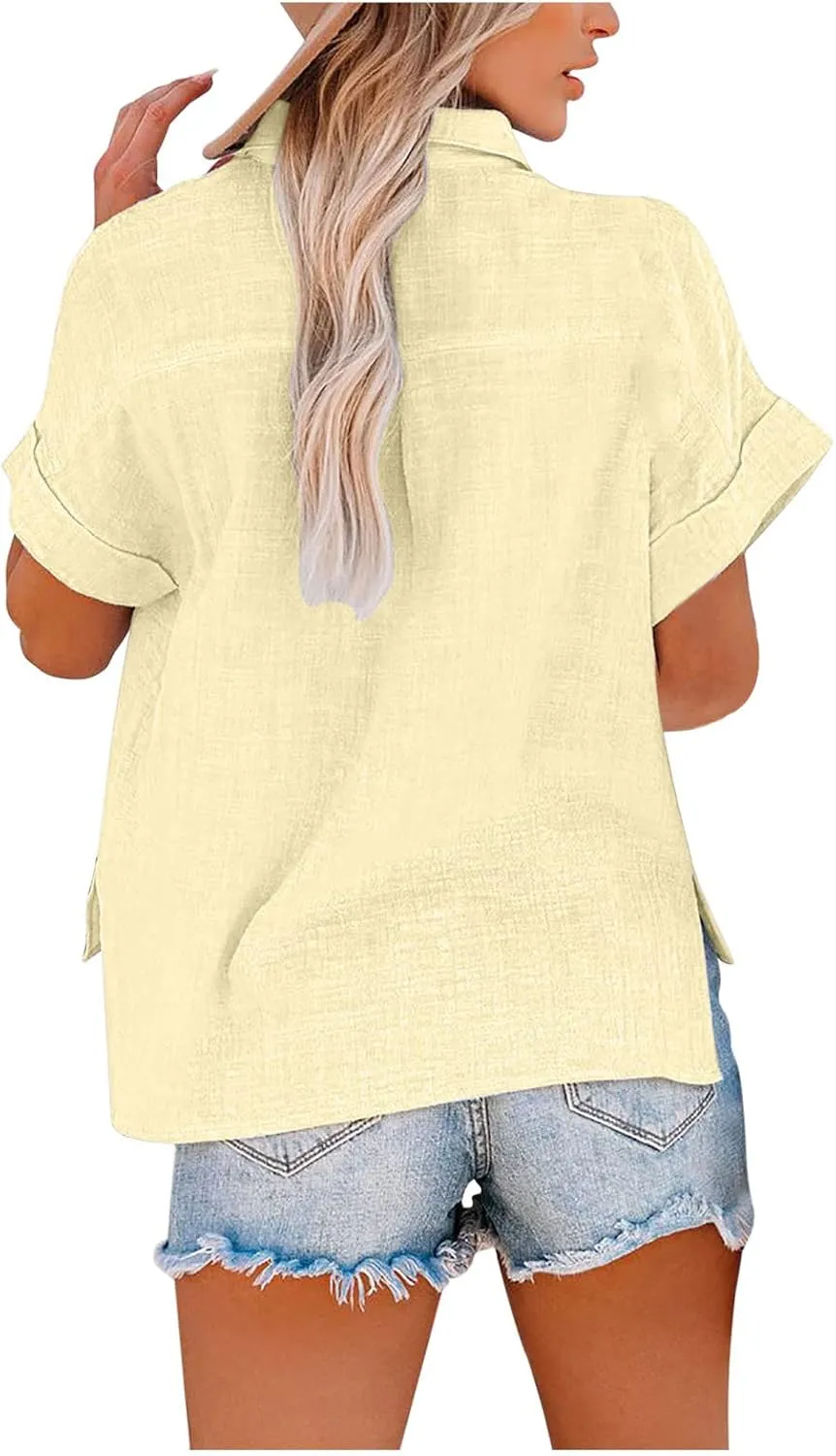 Lastesso Linen Shirts for Women Button Up Cotton Short Sleeve Blouses Casual Collared Loose Shirt Soft Summer Beach Tops
