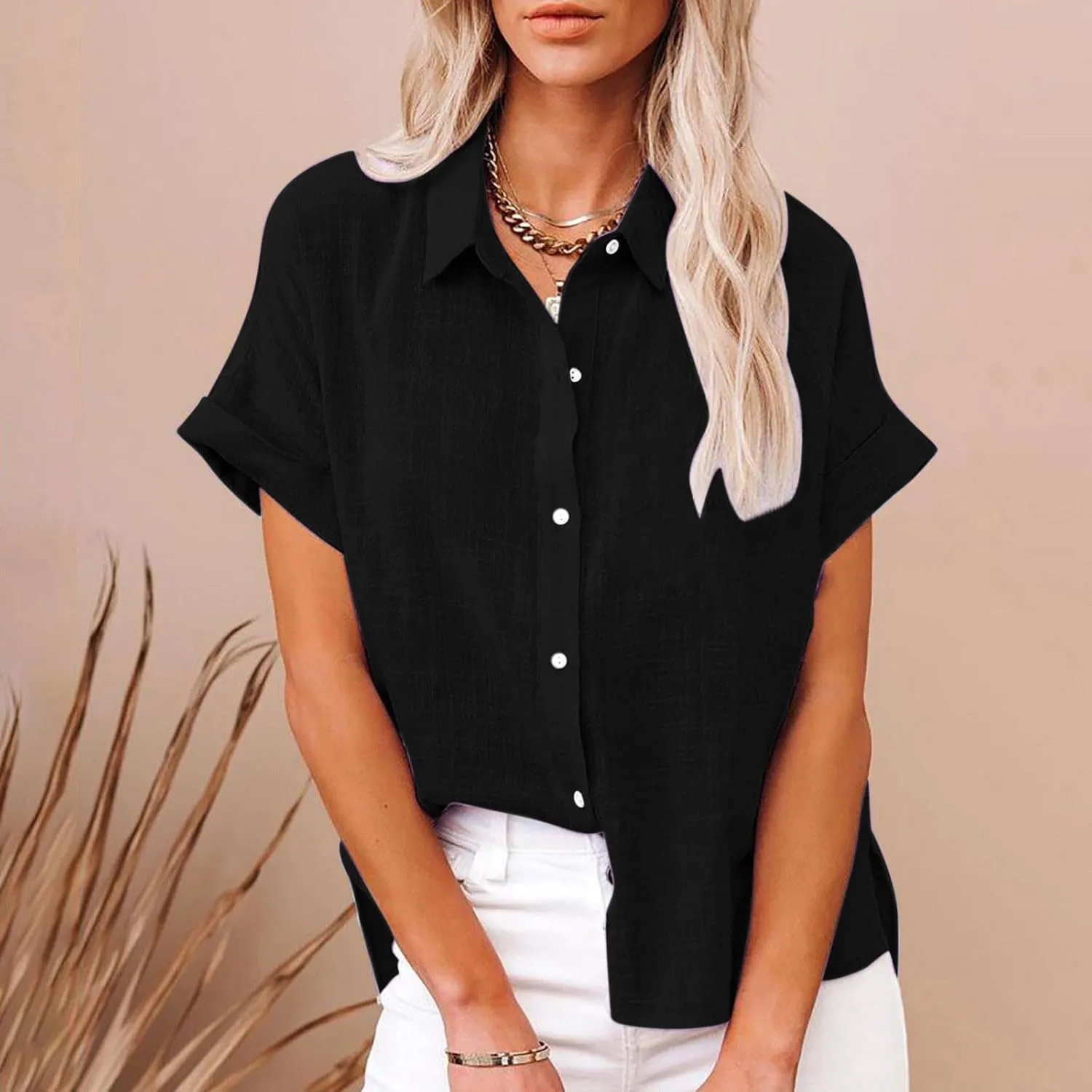 Lastesso Linen Shirts for Women Button Up Cotton Short Sleeve Blouses Casual Collared Loose Shirt Soft Summer Beach Tops