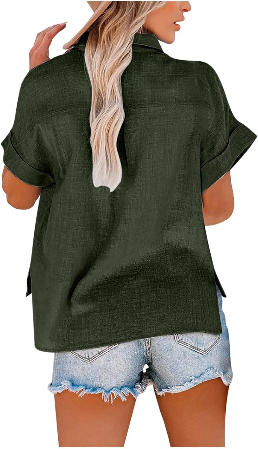 Lastesso Linen Shirts for Women Button Up Cotton Short Sleeve Blouses Casual Collared Loose Shirt Soft Summer Beach Tops