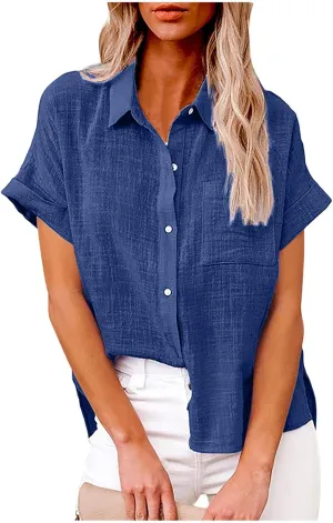 Lastesso Linen Shirts for Women Button Up Cotton Short Sleeve Blouses Casual Collared Loose Shirt Soft Summer Beach Tops