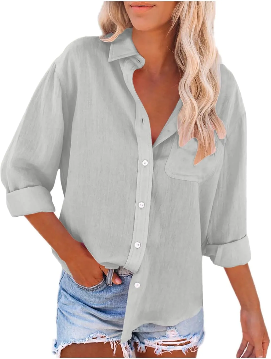 Lastesso Linen Shirts for Women Casual Button Down Summer Plain T-Shirts Classic Cover Up Loose Blouses Collared Work Tops