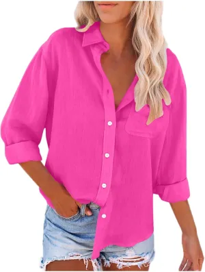 Lastesso Linen Shirts for Women Casual Button Down Summer Plain T-Shirts Classic Cover Up Loose Blouses Collared Work Tops