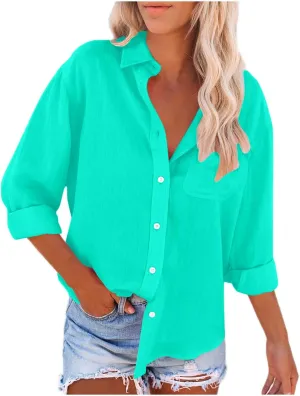 Lastesso Linen Shirts for Women Casual Button Down Summer Plain T-Shirts Classic Cover Up Loose Blouses Collared Work Tops