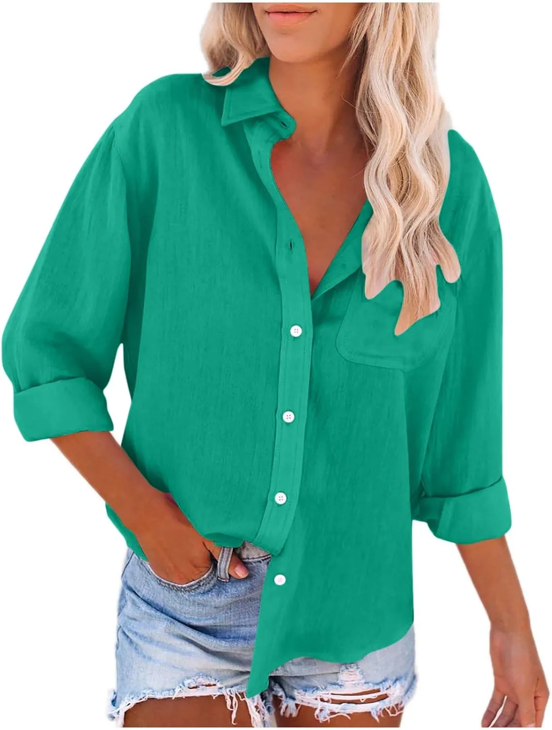 Lastesso Linen Shirts for Women Casual Button Down Summer Plain T-Shirts Classic Cover Up Loose Blouses Collared Work Tops