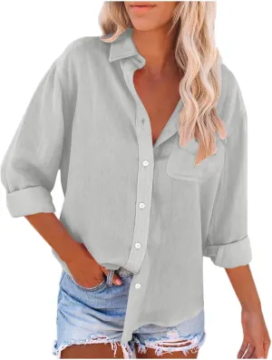 Lastesso Linen Shirts for Women Casual Button Down Summer Plain T-Shirts Classic Cover Up Loose Blouses Collared Work Tops