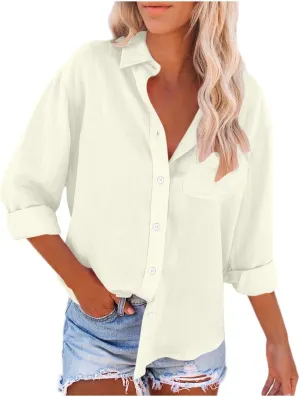 Lastesso Linen Shirts for Women Casual Button Down Summer Plain T-Shirts Classic Cover Up Loose Blouses Collared Work Tops