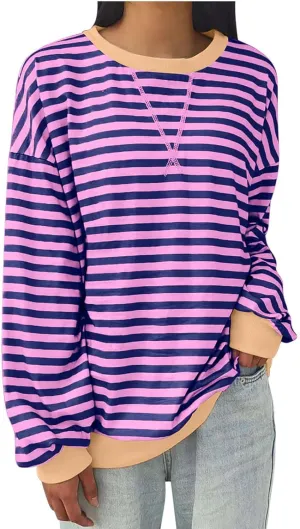 Lastesso Long Sleeve Shirts for Women Fashion Color Block Stripe Fall Sweatshirts Soft Loose Fit Trendy Outfits 2024
