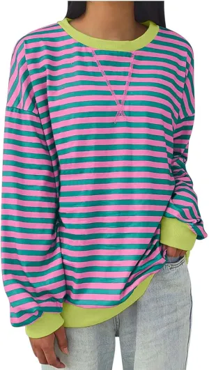 Lastesso Long Sleeve Shirts for Women Fashion Color Block Stripe Fall Sweatshirts Soft Loose Fit Trendy Outfits 2024