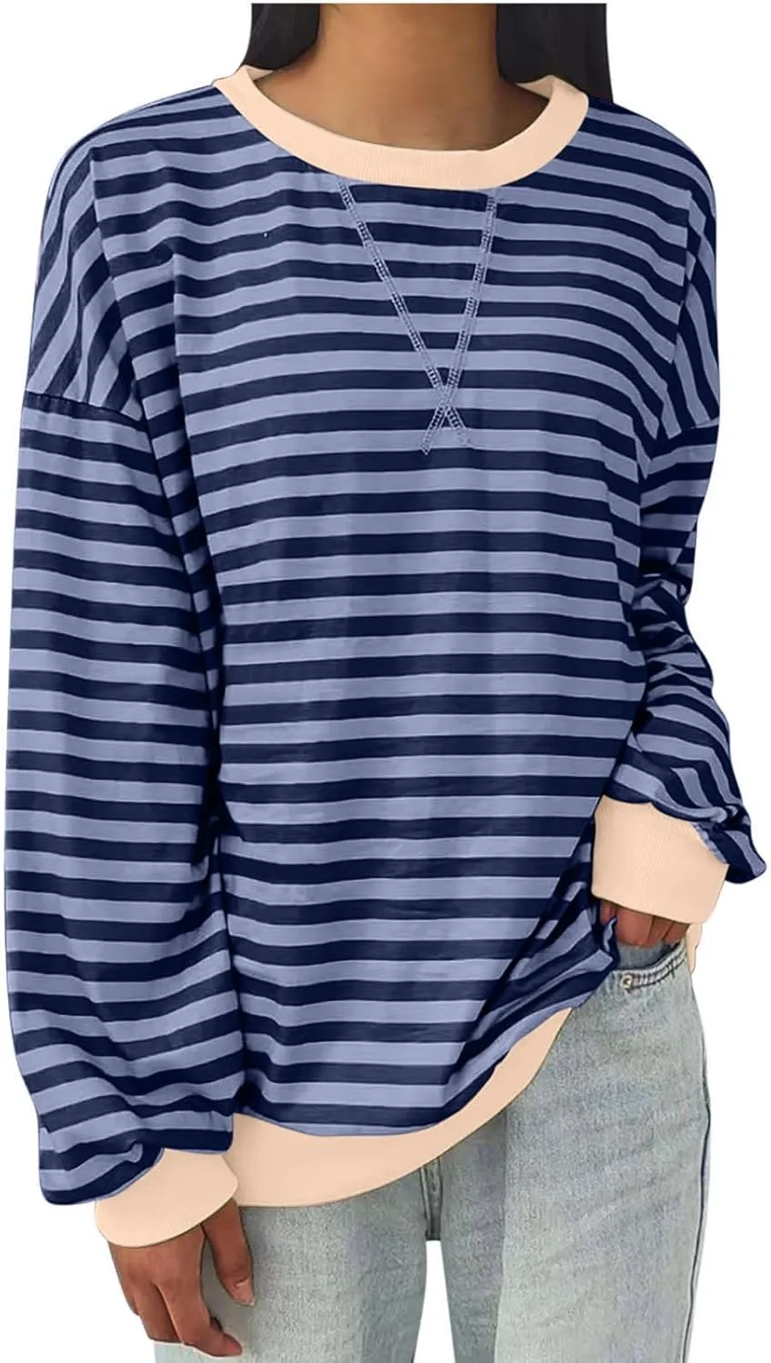Lastesso Long Sleeve Shirts for Women Fashion Color Block Stripe Fall Sweatshirts Soft Loose Fit Trendy Outfits 2024