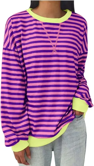 Lastesso Long Sleeve Shirts for Women Fashion Color Block Stripe Fall Sweatshirts Soft Loose Fit Trendy Outfits 2024