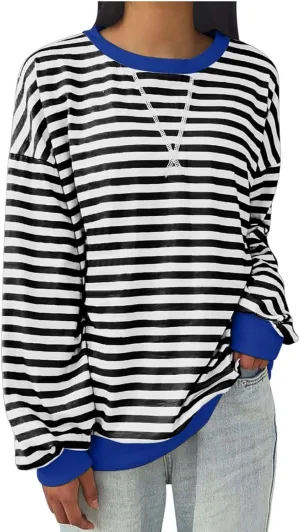Lastesso Long Sleeve Shirts for Women Fashion Color Block Stripe Fall Sweatshirts Soft Loose Fit Trendy Outfits 2024