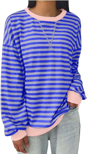 Lastesso Long Sleeve Shirts for Women Fashion Color Block Stripe Fall Sweatshirts Soft Loose Fit Trendy Outfits 2024