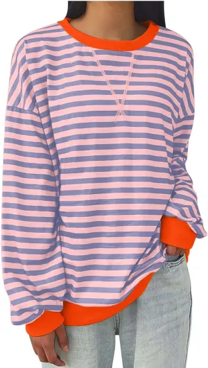 Lastesso Long Sleeve Shirts for Women Fashion Color Block Stripe Fall Sweatshirts Soft Loose Fit Trendy Outfits 2024
