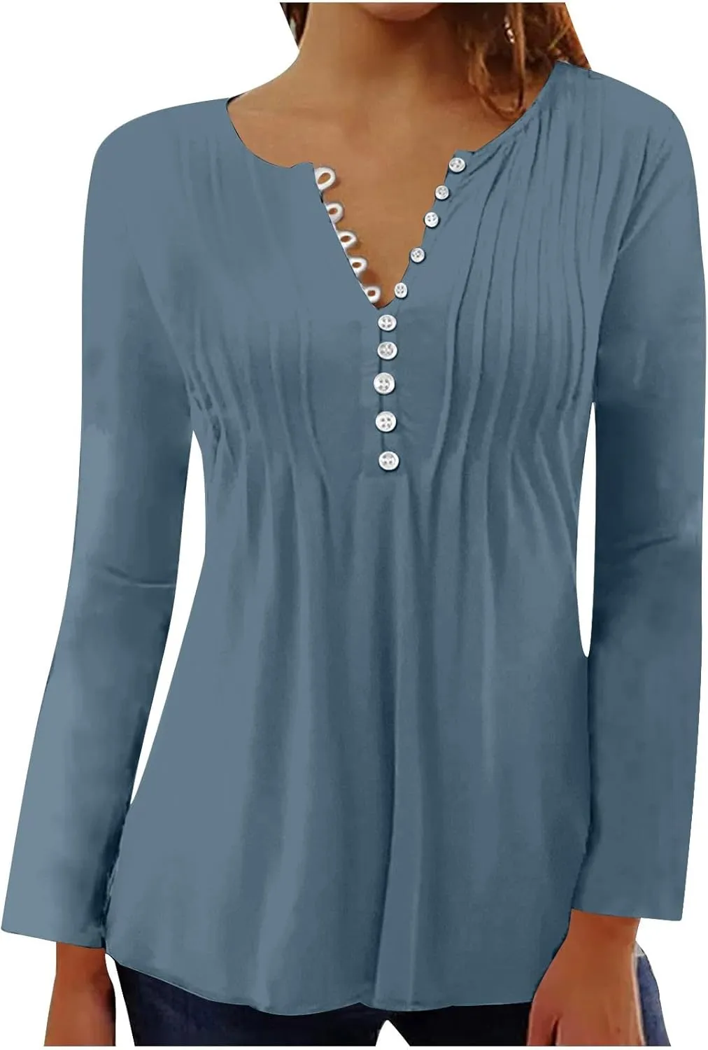 Lastesso Long Sleeve Shirts for Women Pleated Tuinc Tops Classiac Solid Fall Tops Relaxed Button Down V Neck Outfits 2024