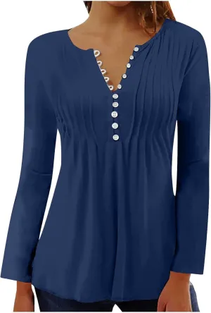 Lastesso Long Sleeve Shirts for Women Pleated Tuinc Tops Classiac Solid Fall Tops Relaxed Button Down V Neck Outfits 2024