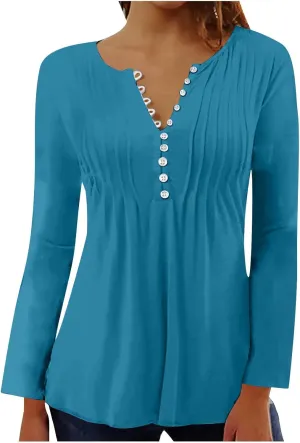 Lastesso Long Sleeve Shirts for Women Pleated Tuinc Tops Classiac Solid Fall Tops Relaxed Button Down V Neck Outfits 2024