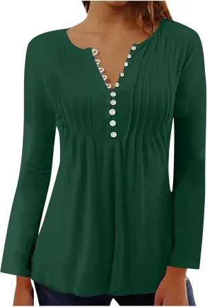 Lastesso Long Sleeve Shirts for Women Pleated Tuinc Tops Classiac Solid Fall Tops Relaxed Button Down V Neck Outfits 2024
