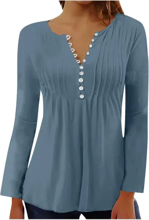 Lastesso Long Sleeve Shirts for Women Pleated Tuinc Tops Classiac Solid Fall Tops Relaxed Button Down V Neck Outfits 2024