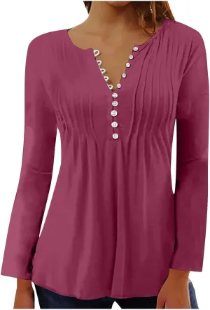 Lastesso Long Sleeve Shirts for Women Pleated Tuinc Tops Classiac Solid Fall Tops Relaxed Button Down V Neck Outfits 2024