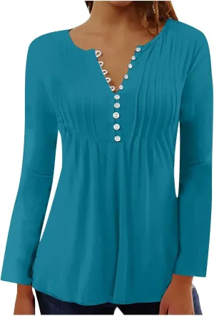 Lastesso Long Sleeve Shirts for Women Pleated Tuinc Tops Classiac Solid Fall Tops Relaxed Button Down V Neck Outfits 2024