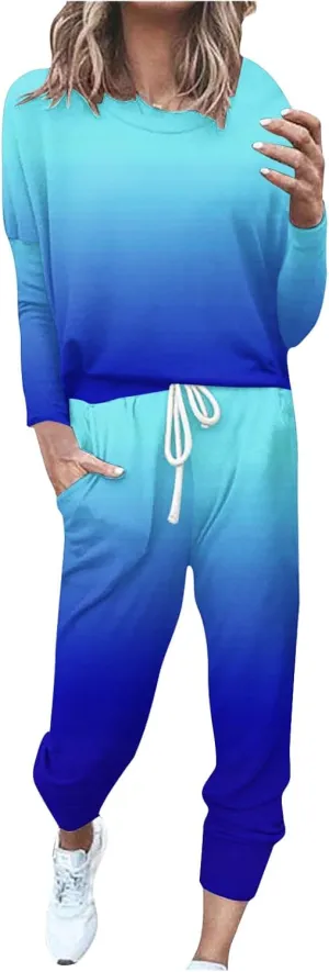 Lastesso Lounge Sets for Women 2 Piece Plus Size Trendy Gradient Color Tracksuit Spring Sweatshirts with Joggers Sweatpants
