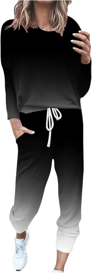 Lastesso Lounge Sets for Women 2 Piece Plus Size Trendy Gradient Color Tracksuit Spring Sweatshirts with Joggers Sweatpants