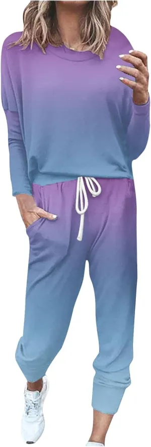 Lastesso Lounge Sets for Women 2 Piece Plus Size Trendy Gradient Color Tracksuit Spring Sweatshirts with Joggers Sweatpants