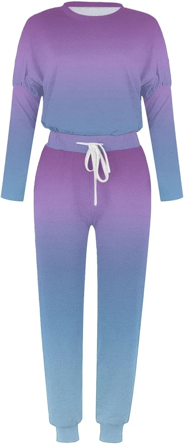 Lastesso Lounge Sets for Women 2 Piece Plus Size Trendy Gradient Color Tracksuit Spring Sweatshirts with Joggers Sweatpants