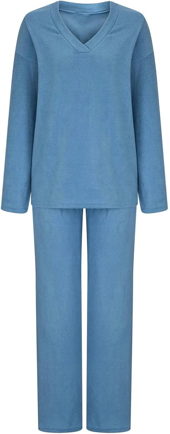 Lastesso Lounge Sets for Women Casual Size Fuzzy V Neck Two Piece Sets Soft Solid Trendy Loungewear Pajama Sets