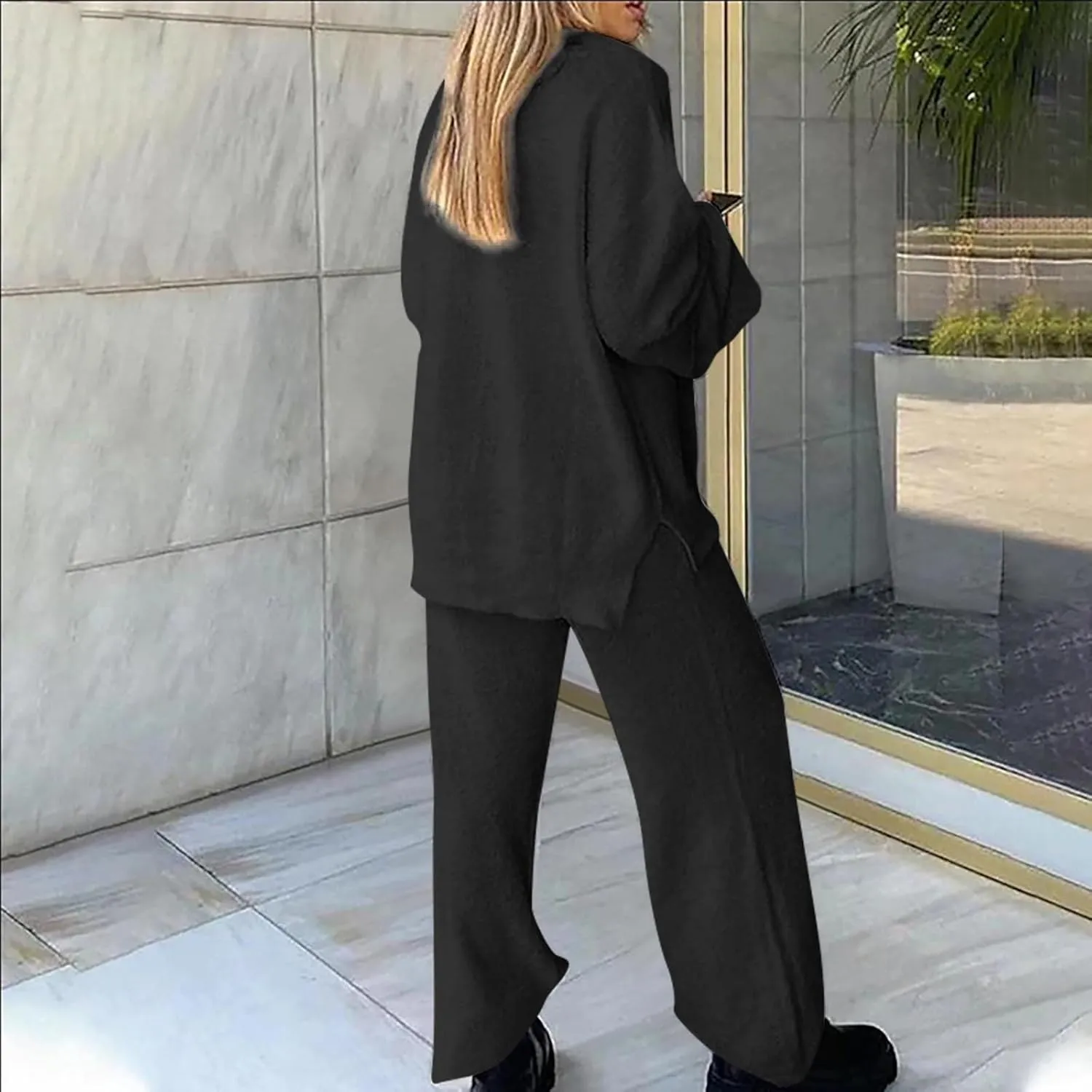 Lastesso Lounge Sets for Women Casual Size Fuzzy V Neck Two Piece Sets Soft Solid Trendy Loungewear Pajama Sets