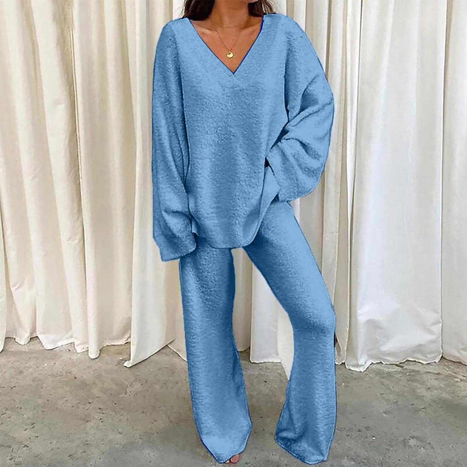 Lastesso Lounge Sets for Women Casual Size Fuzzy V Neck Two Piece Sets Soft Solid Trendy Loungewear Pajama Sets