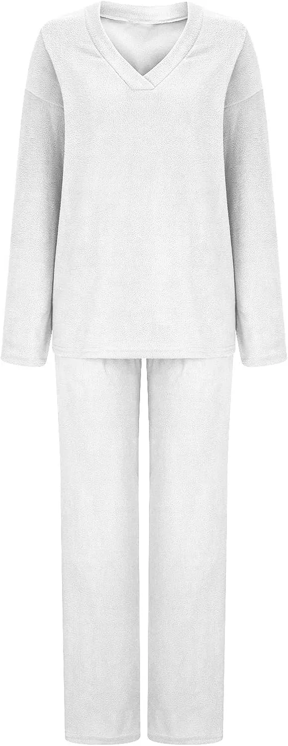 Lastesso Lounge Sets for Women Casual Size Fuzzy V Neck Two Piece Sets Soft Solid Trendy Loungewear Pajama Sets