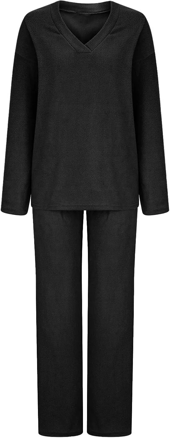 Lastesso Lounge Sets for Women Casual Size Fuzzy V Neck Two Piece Sets Soft Solid Trendy Loungewear Pajama Sets