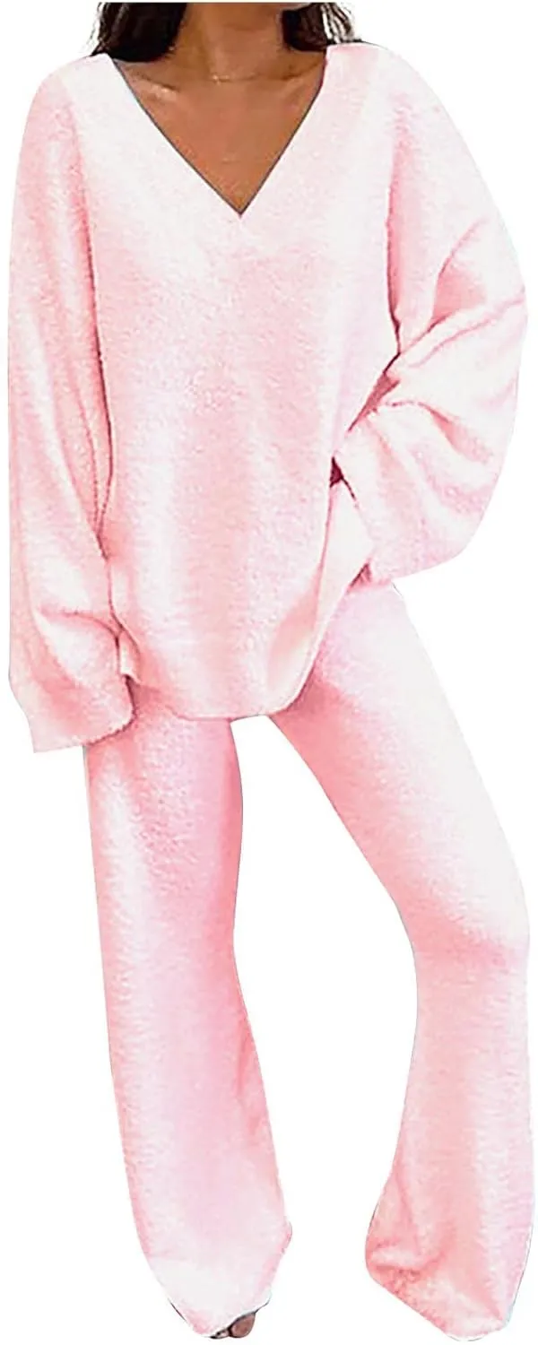 Lastesso Lounge Sets for Women Casual Size Fuzzy V Neck Two Piece Sets Soft Solid Trendy Loungewear Pajama Sets
