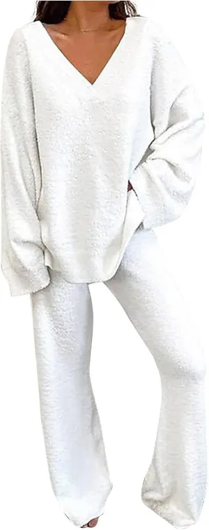 Lastesso Lounge Sets for Women Casual Size Fuzzy V Neck Two Piece Sets Soft Solid Trendy Loungewear Pajama Sets