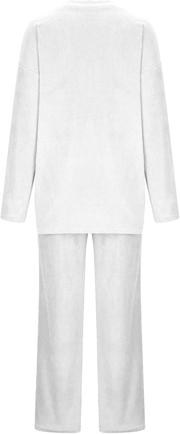 Lastesso Lounge Sets for Women Casual Size Fuzzy V Neck Two Piece Sets Soft Solid Trendy Loungewear Pajama Sets