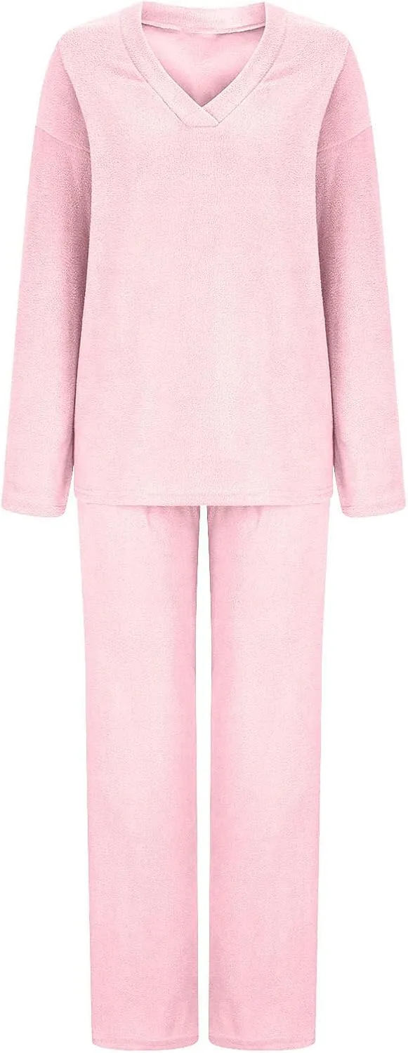 Lastesso Lounge Sets for Women Casual Size Fuzzy V Neck Two Piece Sets Soft Solid Trendy Loungewear Pajama Sets