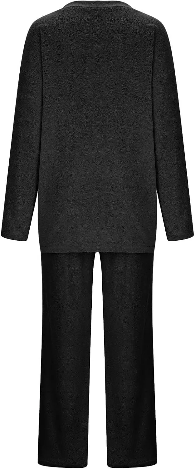 Lastesso Lounge Sets for Women Casual Size Fuzzy V Neck Two Piece Sets Soft Solid Trendy Loungewear Pajama Sets